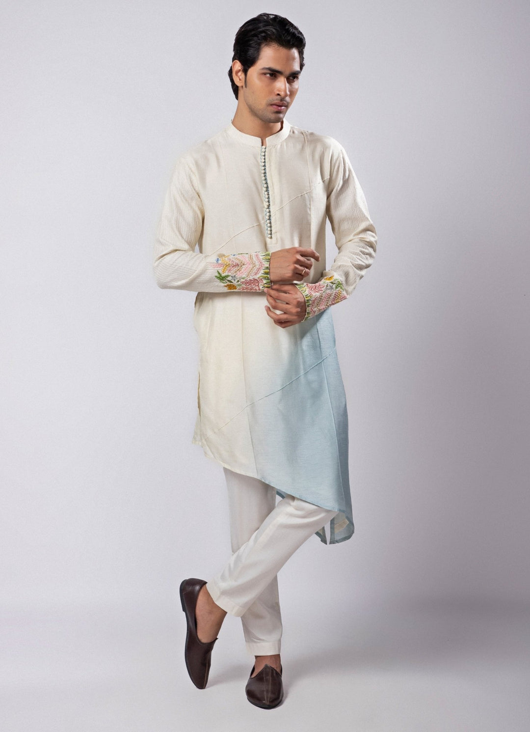 Ivory and Pastel Blue Ombre Embroidered Silk Kurta Pant Set Smriti - Fabilicious Fashion