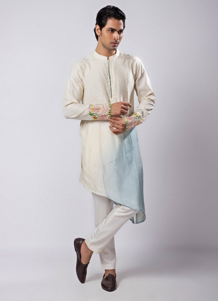 Ivory and Pastel Blue Ombre Embroidered Silk Kurta Pant Set Smriti - Fabilicious Fashion