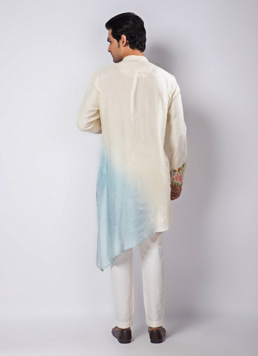 Ivory and Pastel Blue Ombre Embroidered Silk Kurta Pant Set Smriti - Fabilicious Fashion