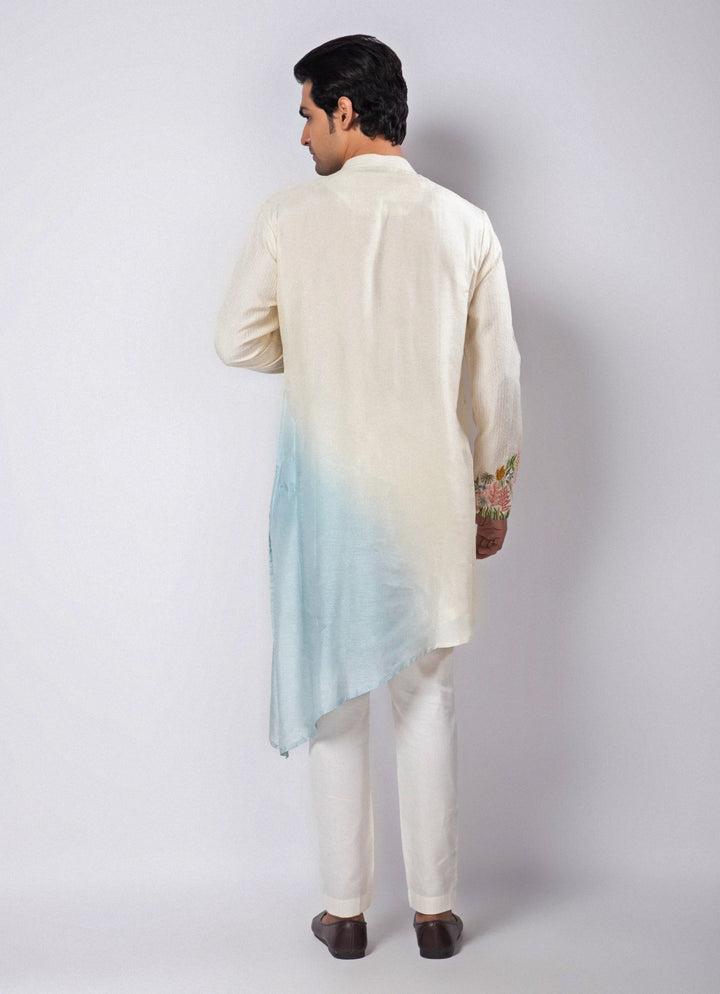 Ivory and Pastel Blue Ombre Embroidered Silk Kurta Pant Set Smriti - Fabilicious Fashion