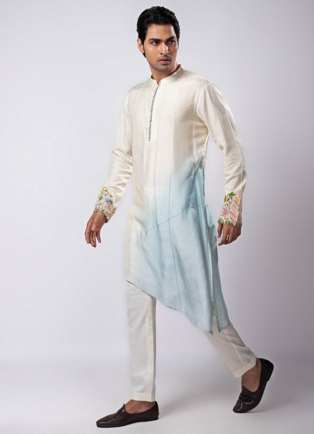 Ivory and Pastel Blue Ombre Embroidered Silk Kurta Pant Set Smriti - Fabilicious Fashion
