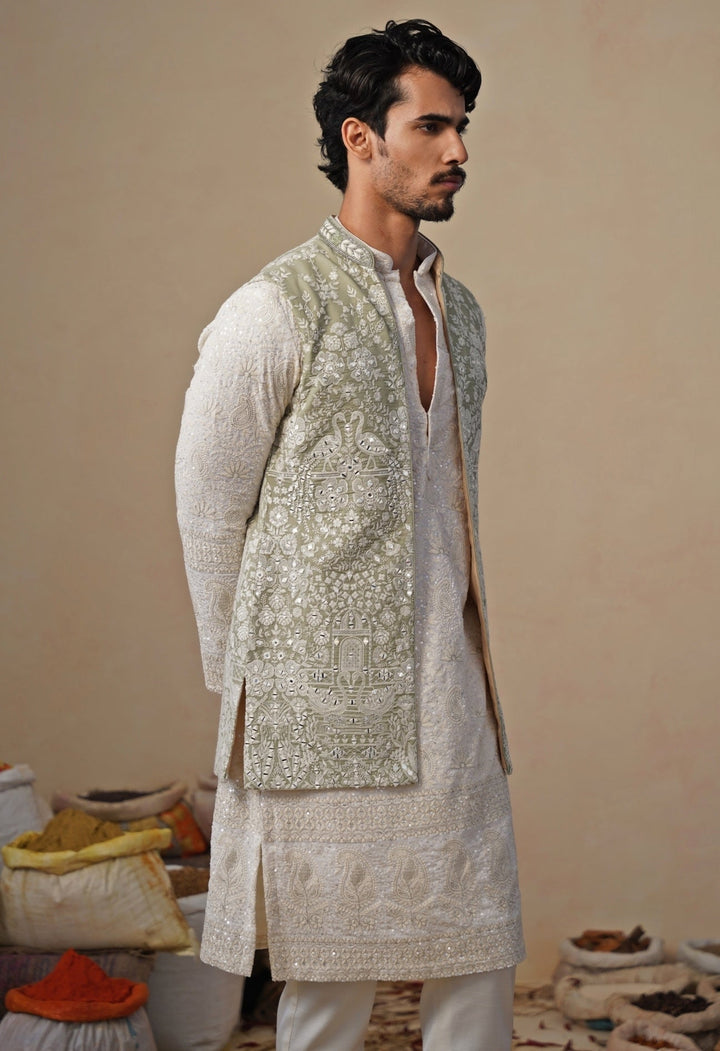 Ivory and Pastel Green Georgette Kurta Jacket Set Kalpraag - Fabilicious Fashion