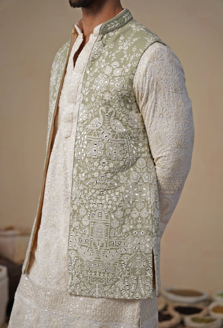 Ivory and Pastel Green Georgette Kurta Jacket Set Kalpraag - Fabilicious Fashion