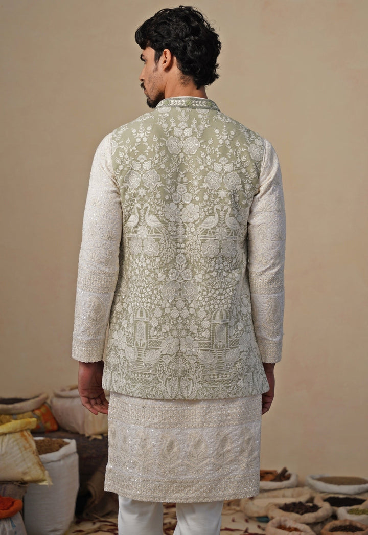 Ivory and Pastel Green Georgette Kurta Jacket Set Kalpraag - Fabilicious Fashion