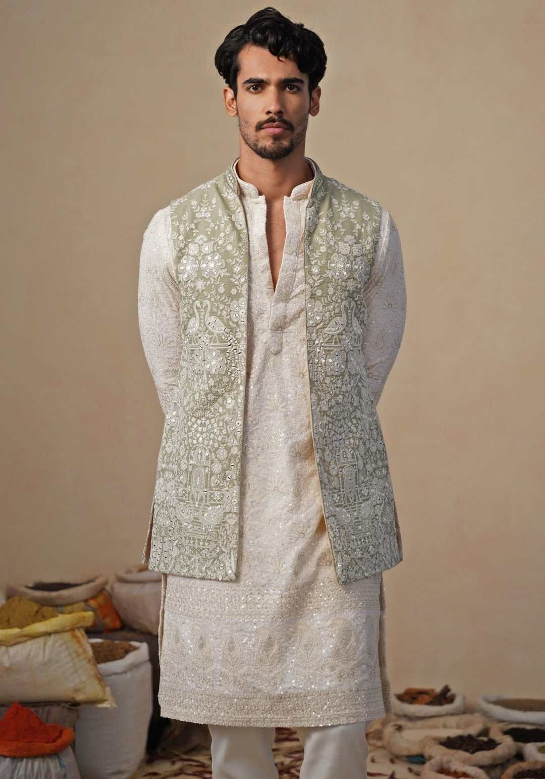 Ivory and Pastel Green Georgette Kurta Jacket Set Kalpraag - Fabilicious Fashion