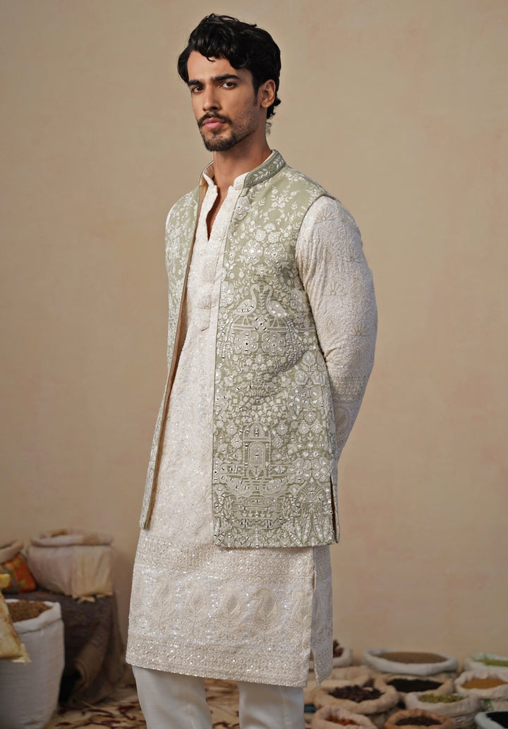 Ivory and Pastel Green Georgette Kurta Jacket Set Kalpraag - Fabilicious Fashion