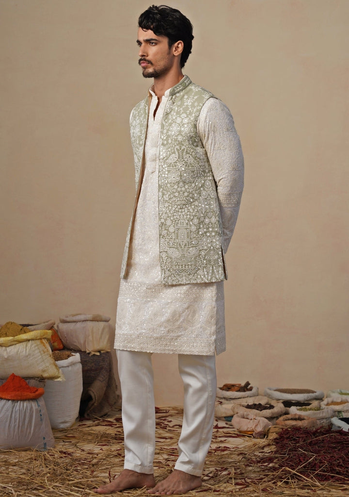 Ivory and Pastel Green Georgette Kurta Jacket Set Kalpraag - Fabilicious Fashion