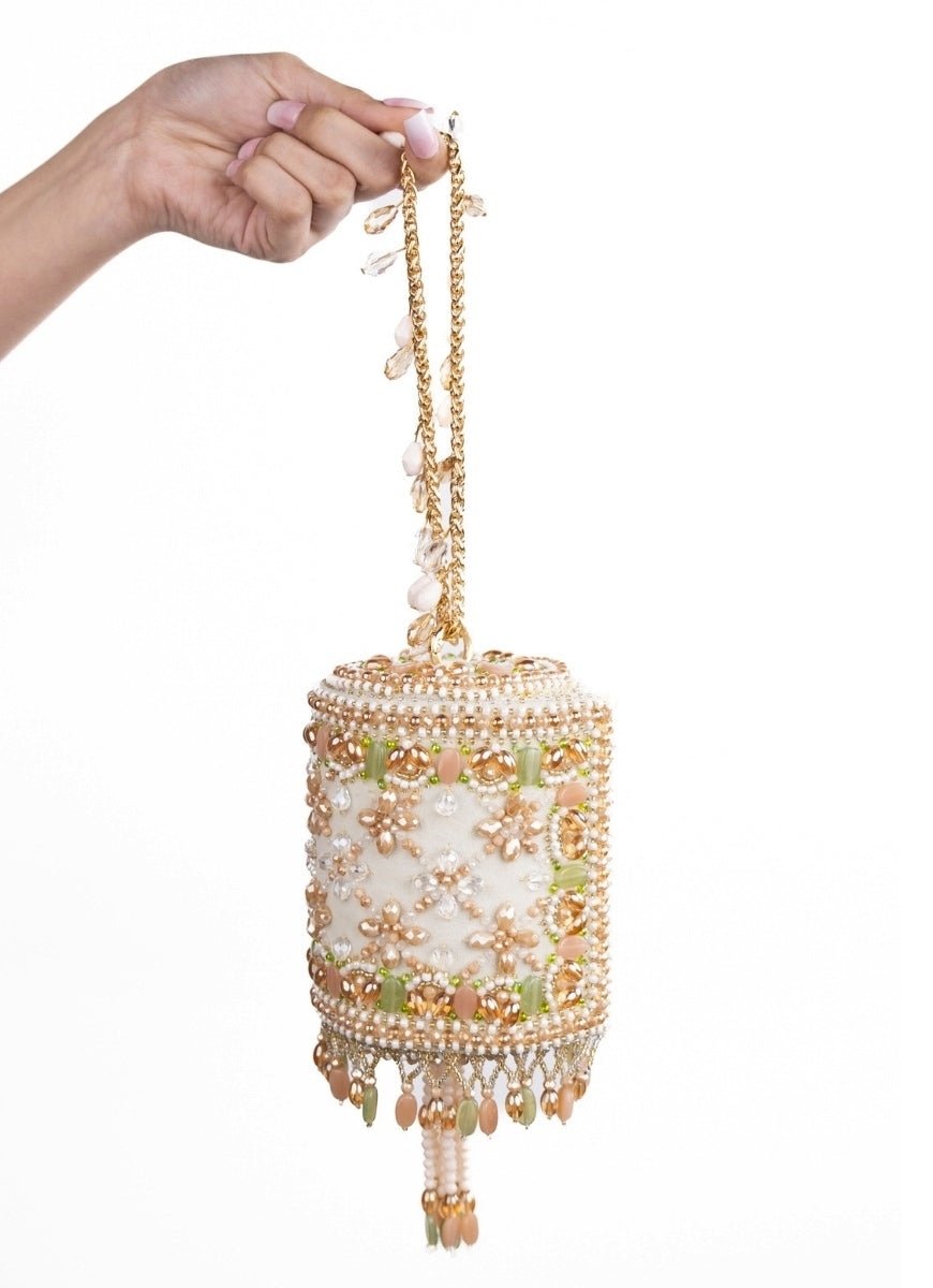 Ivory and Pastel Suede Embellished Cylinder Mini Bag House of Kosha - Fabilicious Fashion