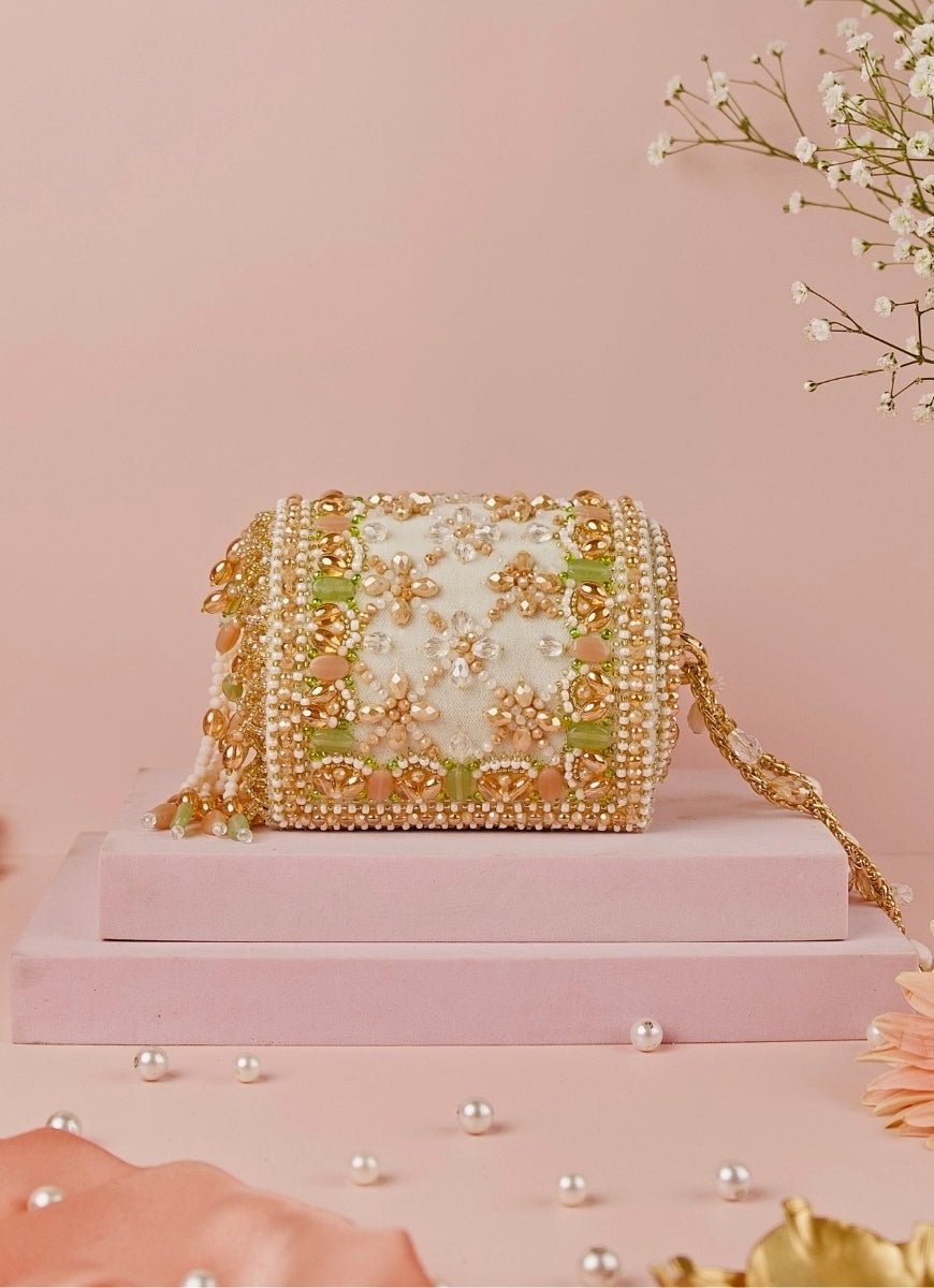 Ivory and Pastel Suede Embellished Cylinder Mini Bag House of Kosha - Fabilicious Fashion