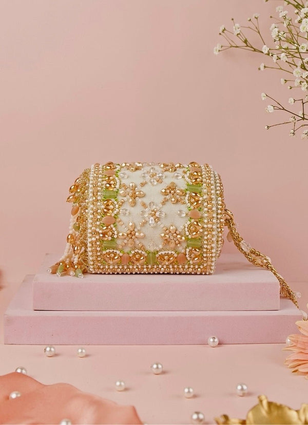 Ivory and Pastel Suede Embellished Cylinder Mini Bag