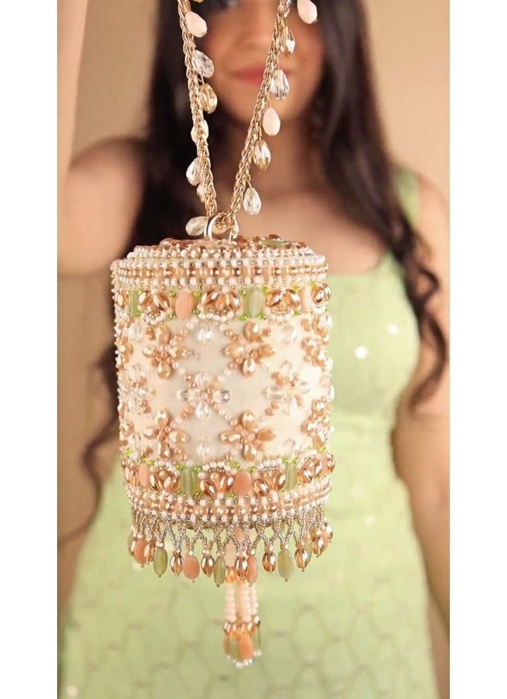 Ivory and Pastel Suede Embellished Cylinder Mini Bag House of Kosha - Fabilicious Fashion