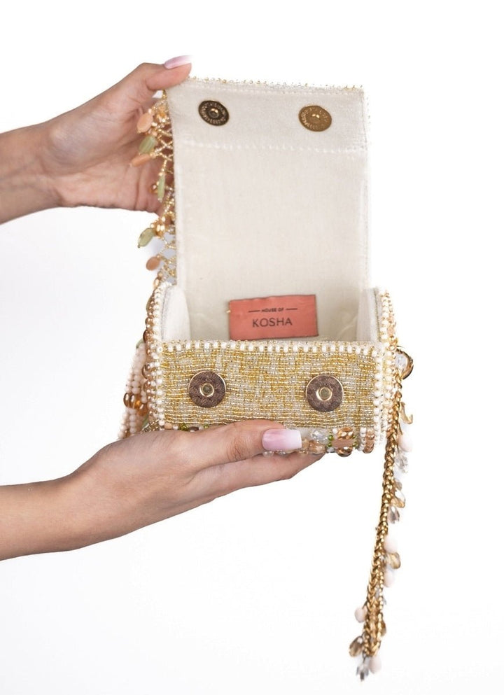 Ivory and Pastel Suede Embellished Cylinder Mini Bag House of Kosha - Fabilicious Fashion