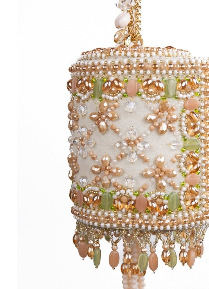 Ivory and Pastel Suede Embellished Cylinder Mini Bag House of Kosha - Fabilicious Fashion