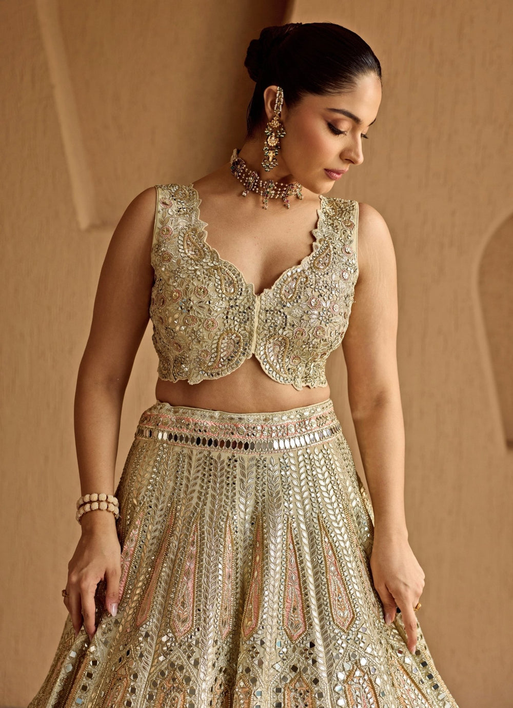 Ivory And Peach Mirror Embroidered Tissue Lehenga Suhino - Fabilicious Fashion