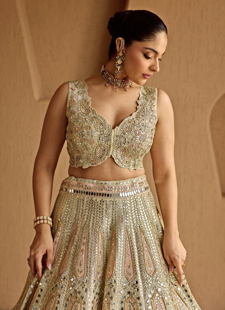 Ivory And Peach Mirror Embroidered Tissue Lehenga Suhino - Fabilicious Fashion