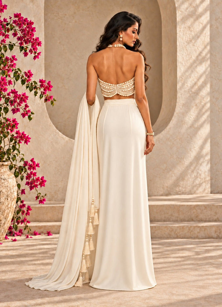 Anisha Shetty Ivory and Pearl Lycra Drape Skirt SetFabilicious Fashion