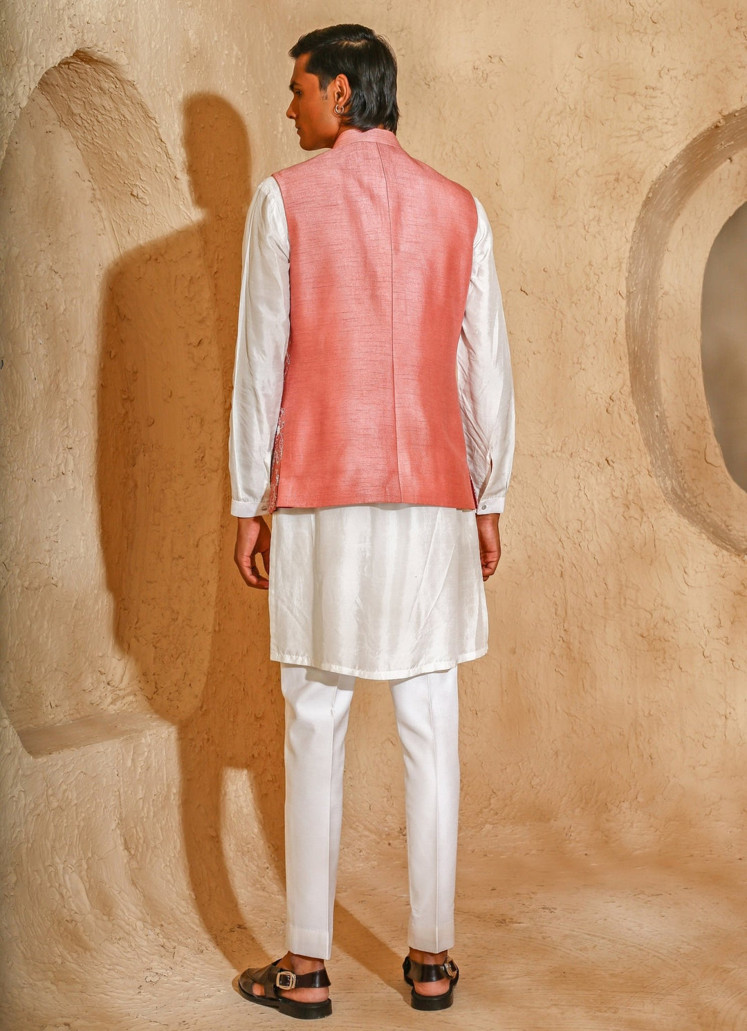 Ivory and Pink Embroidered Silk Blend Kurta Jacket Set Chatenya Mittal - Fabilicious Fashion