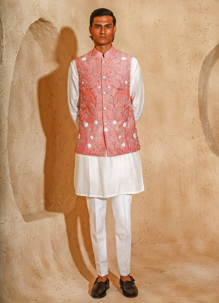 Ivory and Pink Embroidered Silk Blend Kurta Jacket Set Chatenya Mittal - Fabilicious Fashion