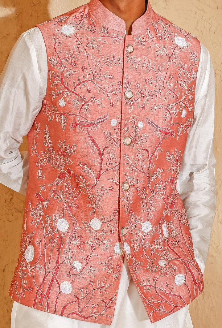 Ivory and Pink Embroidered Silk Blend Kurta Jacket Set Chatenya Mittal - Fabilicious Fashion