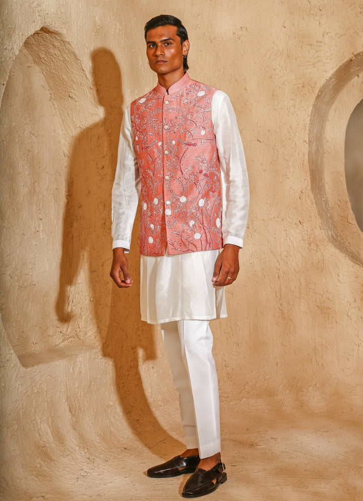 Ivory and Pink Embroidered Silk Blend Kurta Jacket Set Chatenya Mittal - Fabilicious Fashion