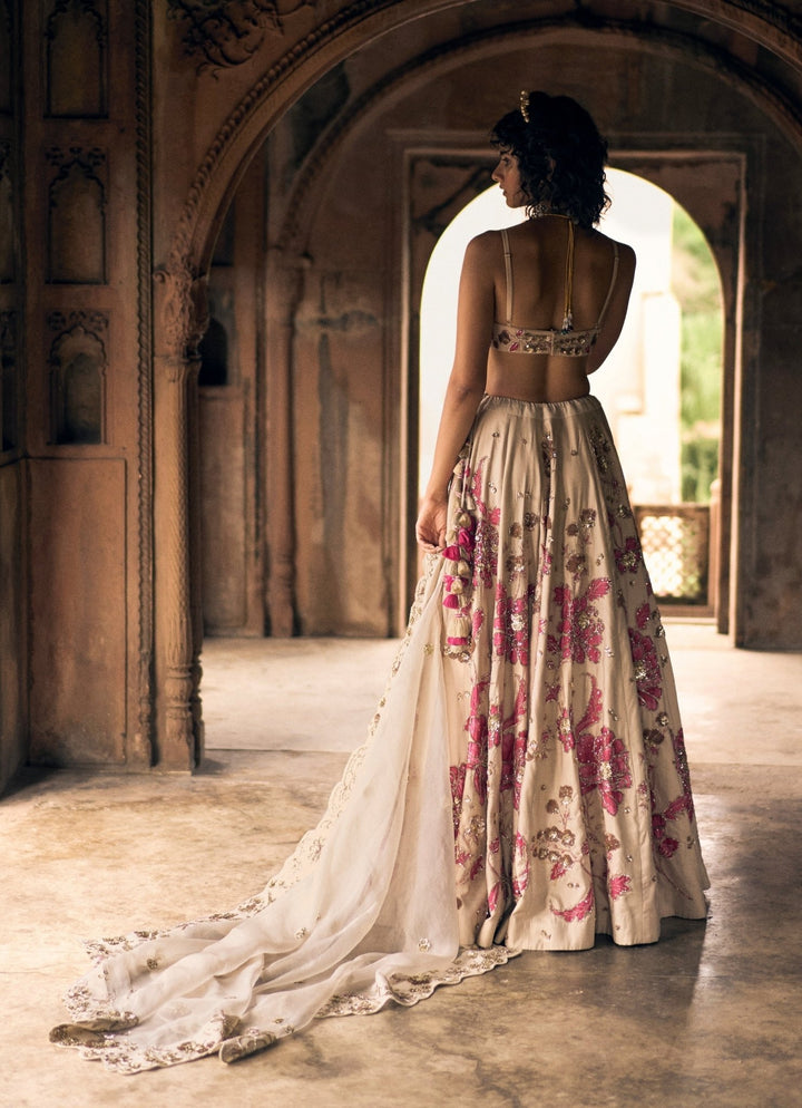 Ivory And Pink Floral Printed Lehenga Set Paulmi and Harsh - Fabilicious Fashion
