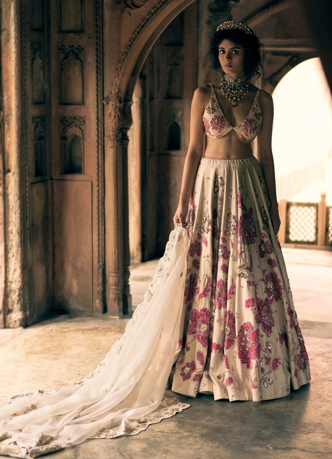 Ivory And Pink Floral Printed Lehenga Set Paulmi and Harsh - Fabilicious Fashion