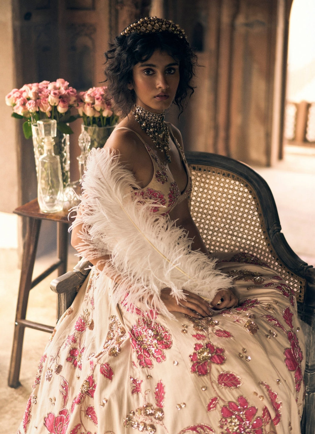 Ivory And Pink Floral Printed Lehenga Set Paulmi and Harsh - Fabilicious Fashion