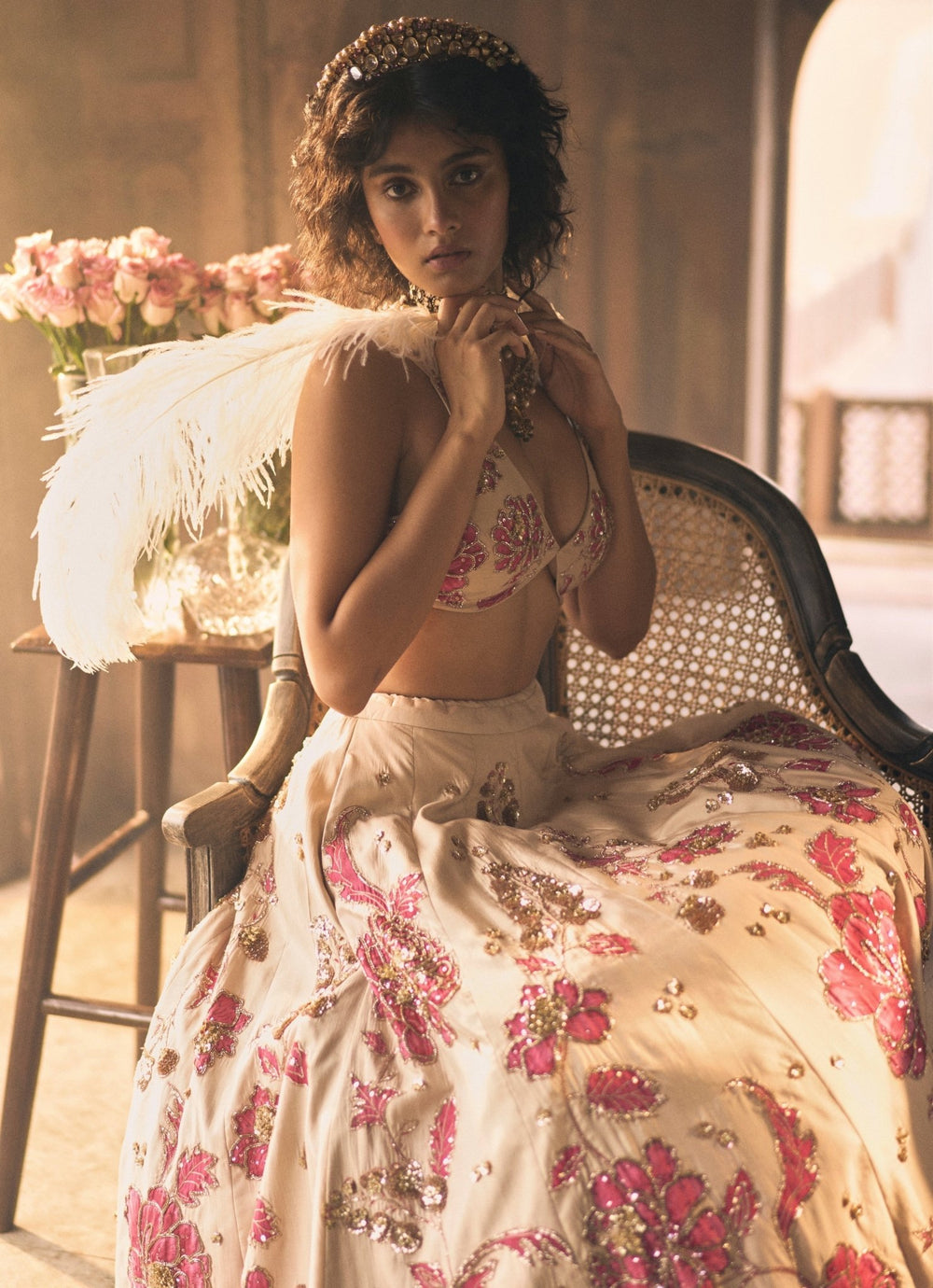 Ivory And Pink Floral Printed Lehenga Set Paulmi and Harsh - Fabilicious Fashion