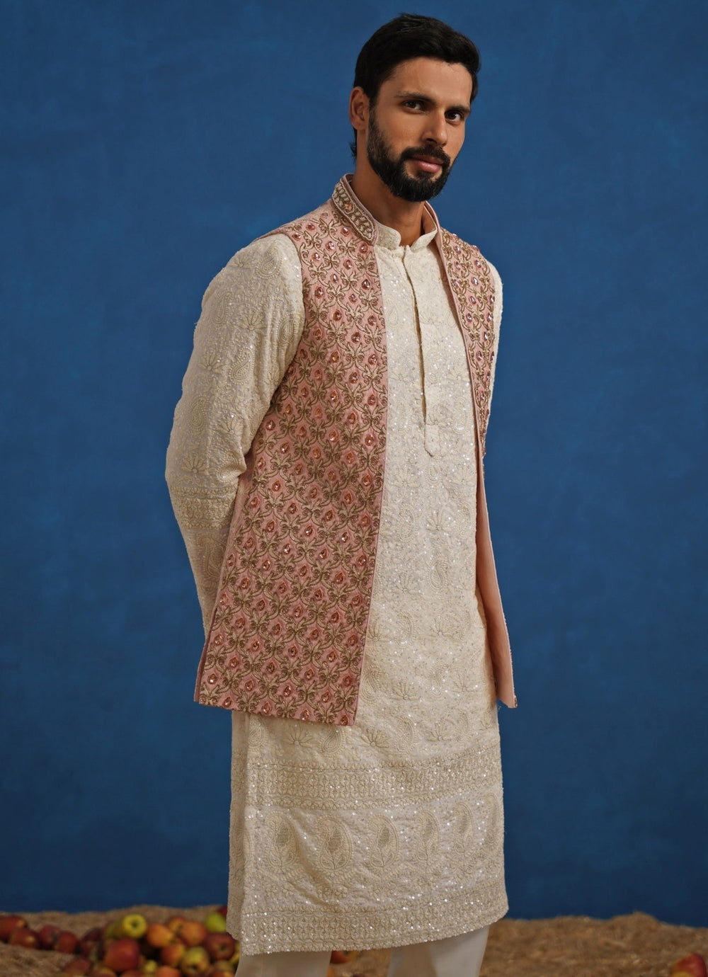 Ivory and Pink Georgette Kurta Jacket Set Kalpraag - Fabilicious Fashion