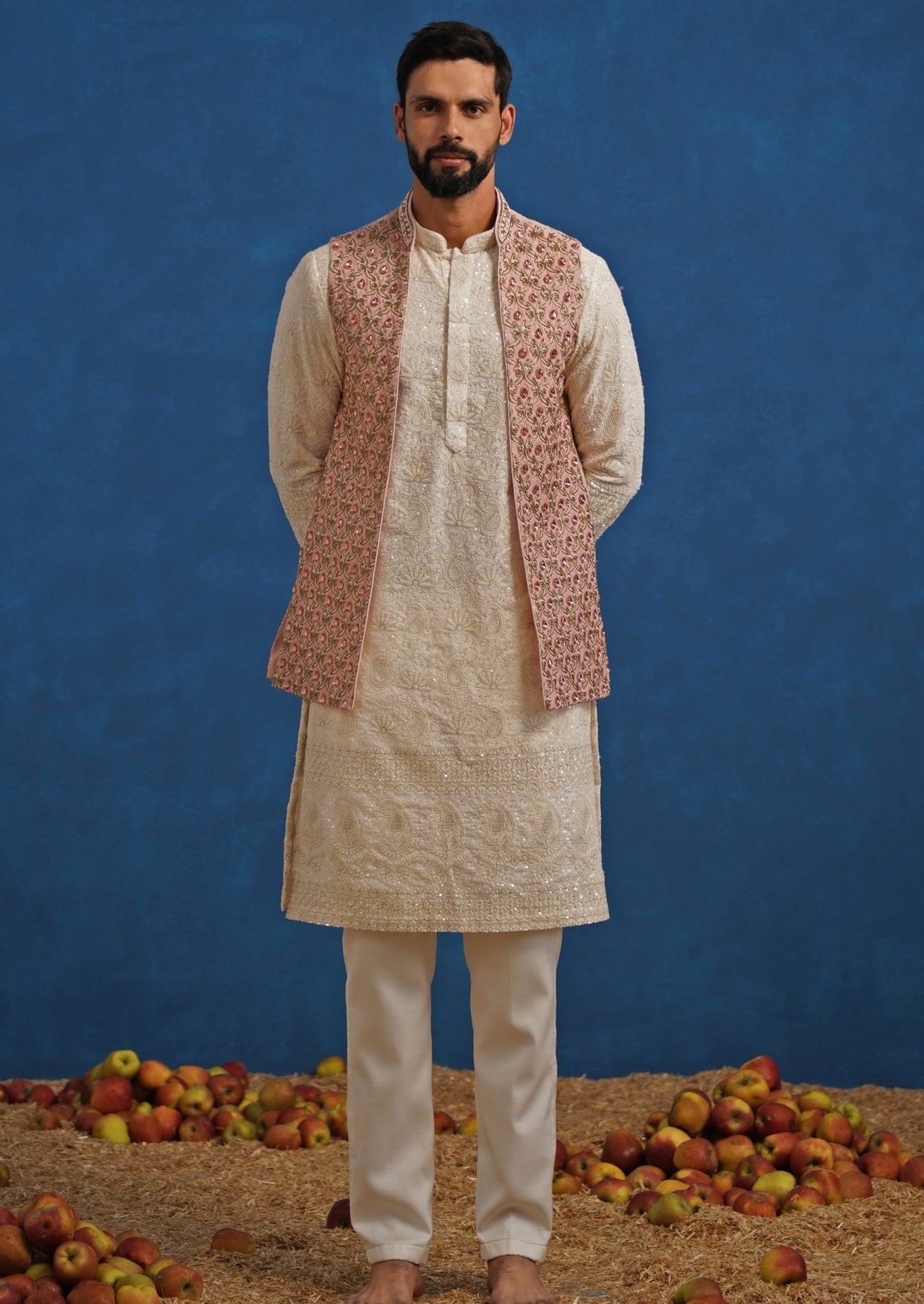 Ivory and pink georgette kurta jacket set for modern Indian festive menswear