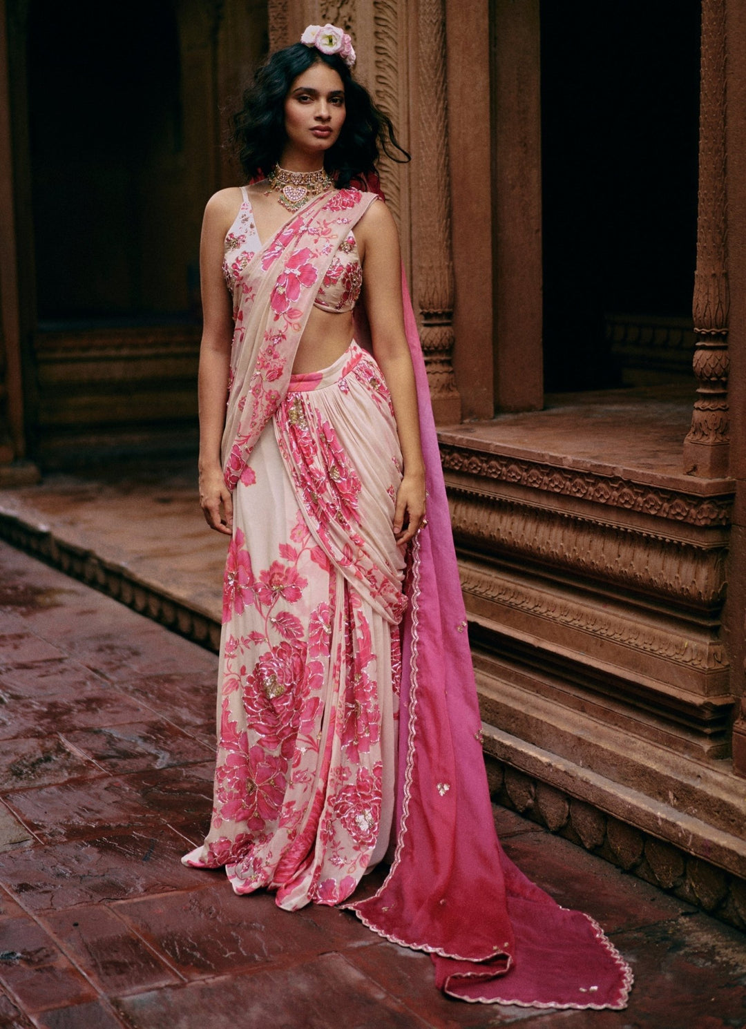 Ivory And Pink Georgette Predraped Saree Paulmi and Harsh - Fabilicious Fashion