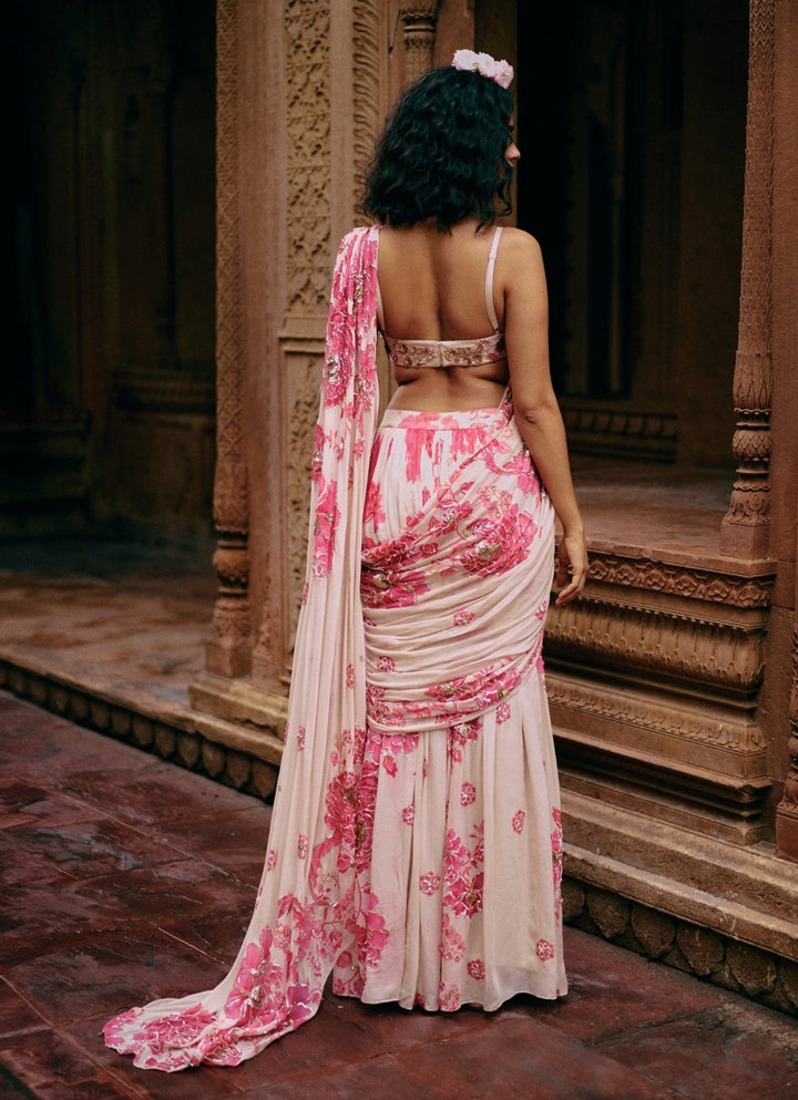 Ivory And Pink Georgette Predraped Saree Paulmi and Harsh - Fabilicious Fashion