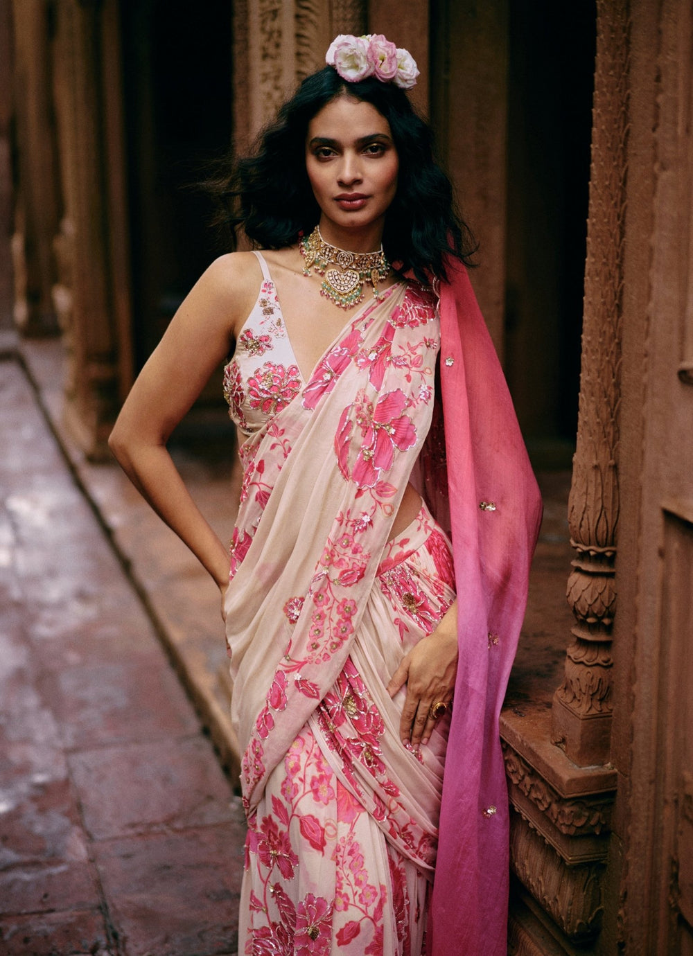 Ivory And Pink Georgette Predraped Saree Paulmi and Harsh - Fabilicious Fashion