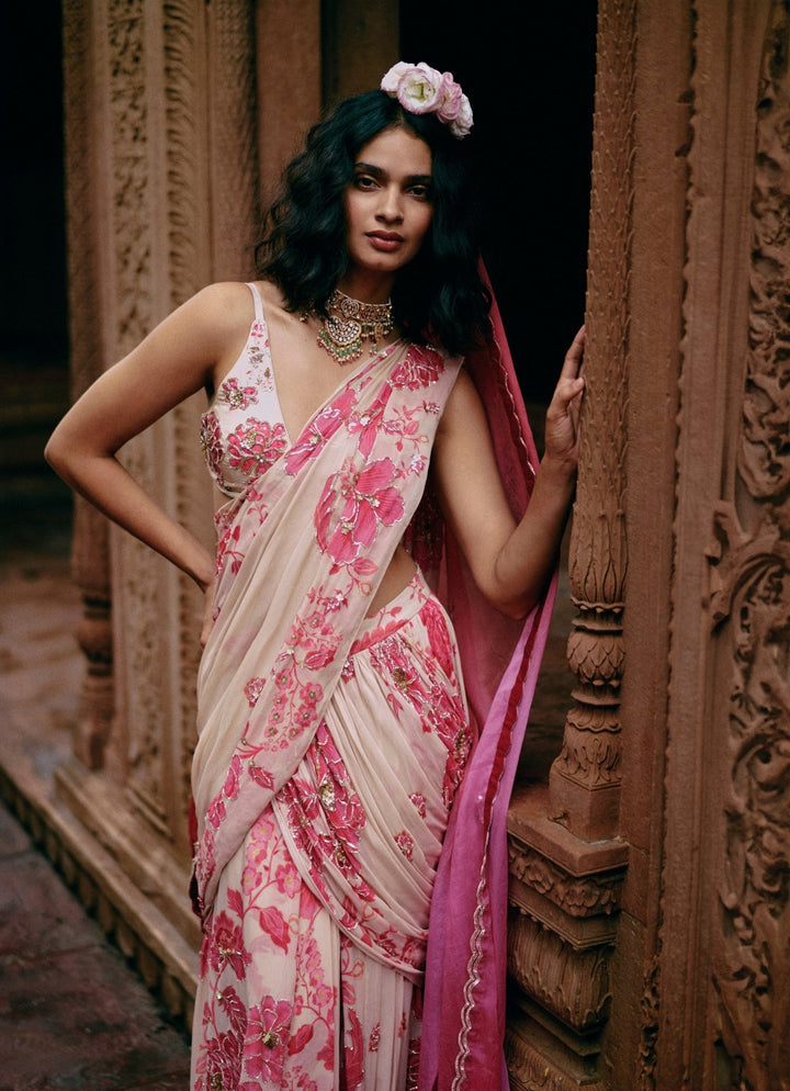 Ivory And Pink Georgette Predraped Saree Paulmi and Harsh - Fabilicious Fashion