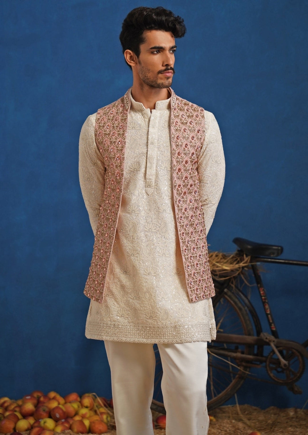 Ivory and Pink Georgette Short Kurta Jacket Set Kalpraag - Fabilicious Fashion