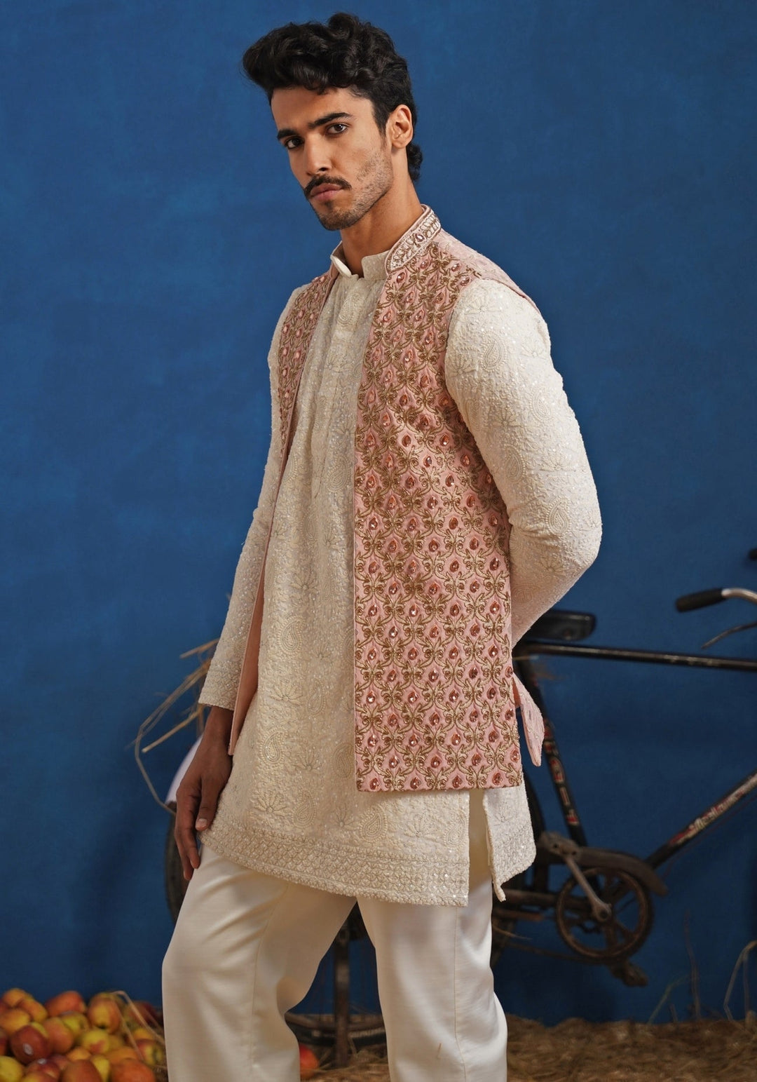 Ivory and Pink Georgette Short Kurta Jacket Set Kalpraag - Fabilicious Fashion