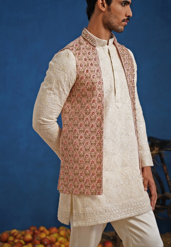 Ivory and Pink Georgette Short Kurta Jacket Set Kalpraag - Fabilicious Fashion