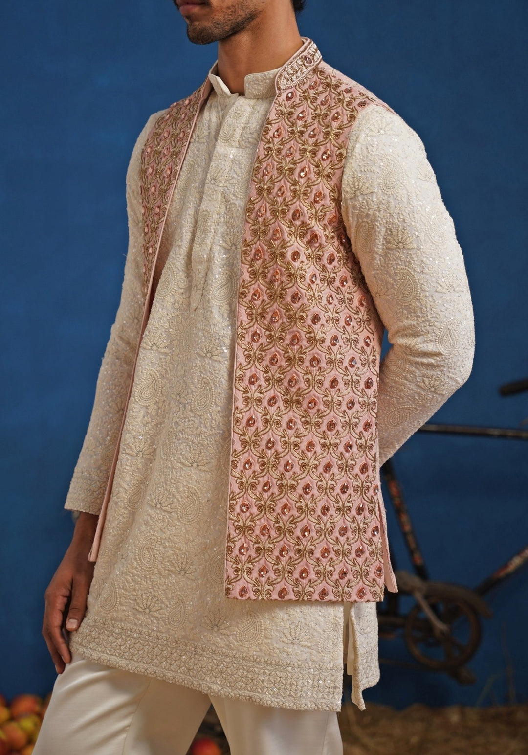 Ivory and Pink Georgette Short Kurta Jacket Set Kalpraag - Fabilicious Fashion