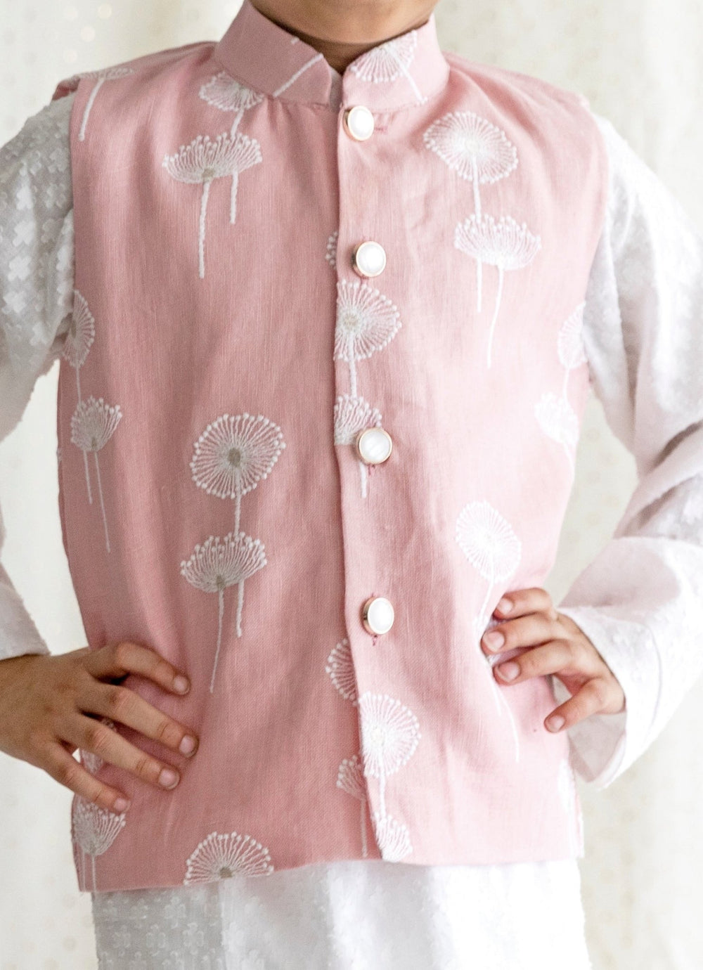 Chotibuti Ivory And Pink Linen Bundi Jacket SetFabilicious Fashion