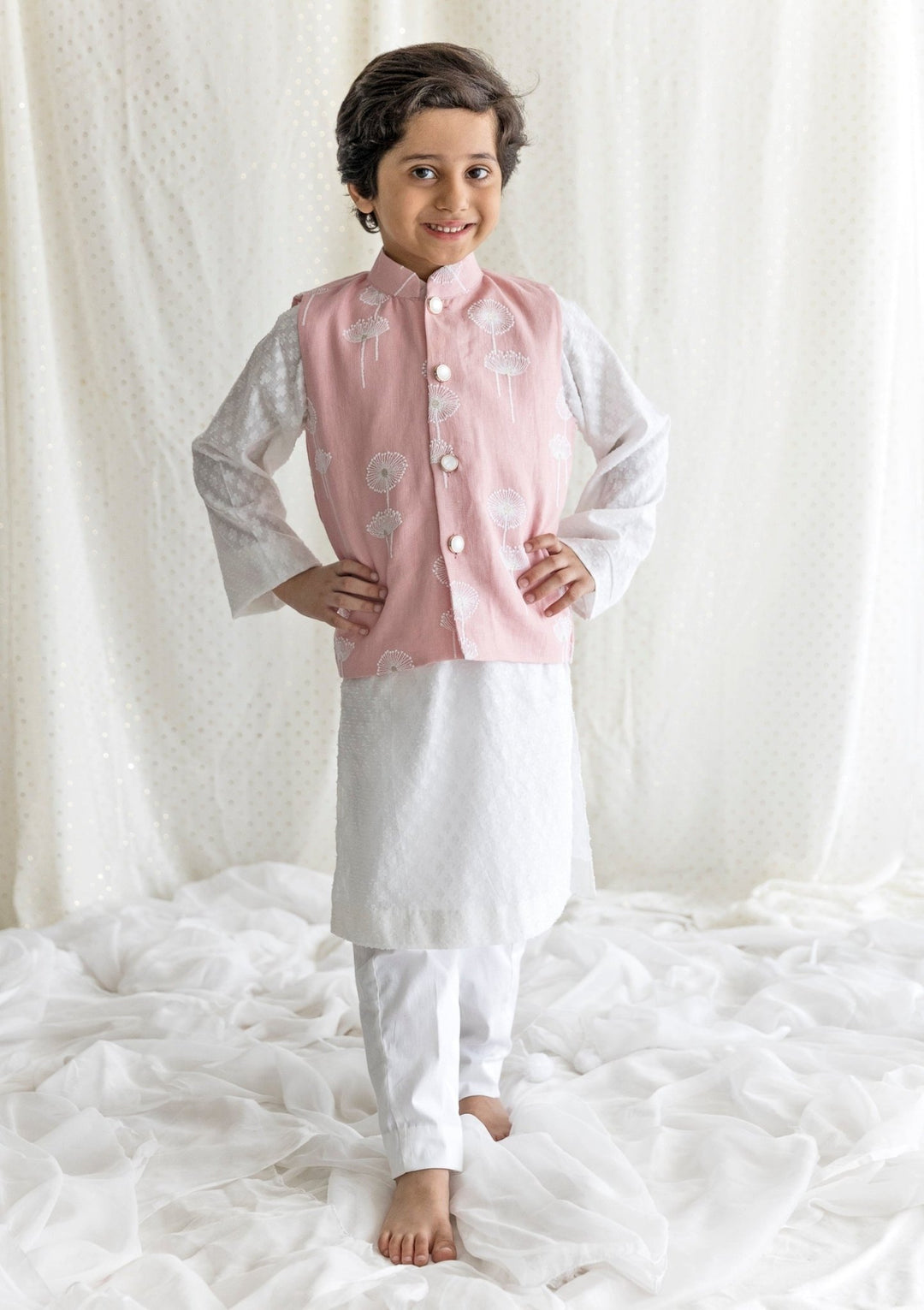 Chotibuti Ivory And Pink Linen Bundi Jacket SetFabilicious Fashion