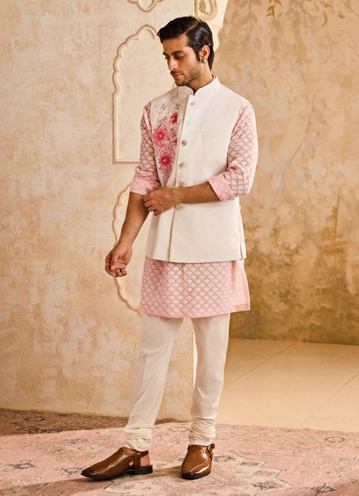 Ivory and Pink Linen Nehru Jacket Set Nitika Gujral - Men - Fabilicious Fashion