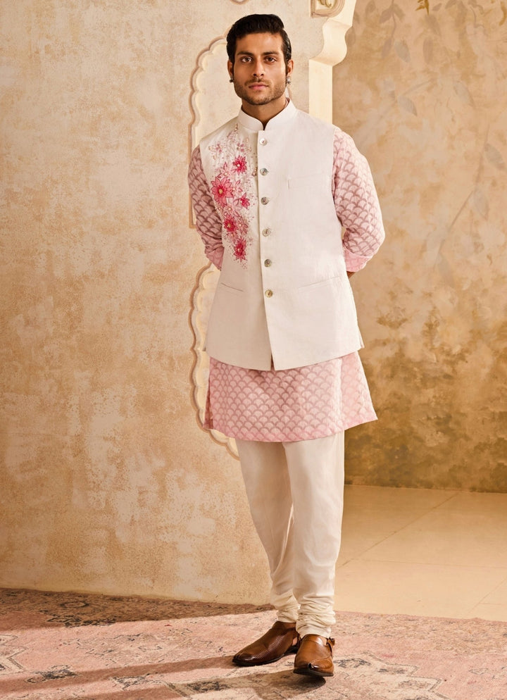 Ivory and Pink Linen Nehru Jacket Set Nitika Gujral - Men - Fabilicious Fashion