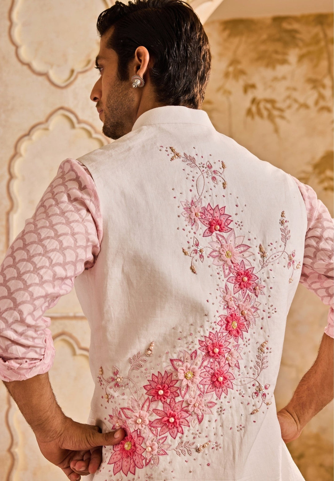 Ivory and Pink Linen Nehru Jacket Set Nitika Gujral - Men - Fabilicious Fashion