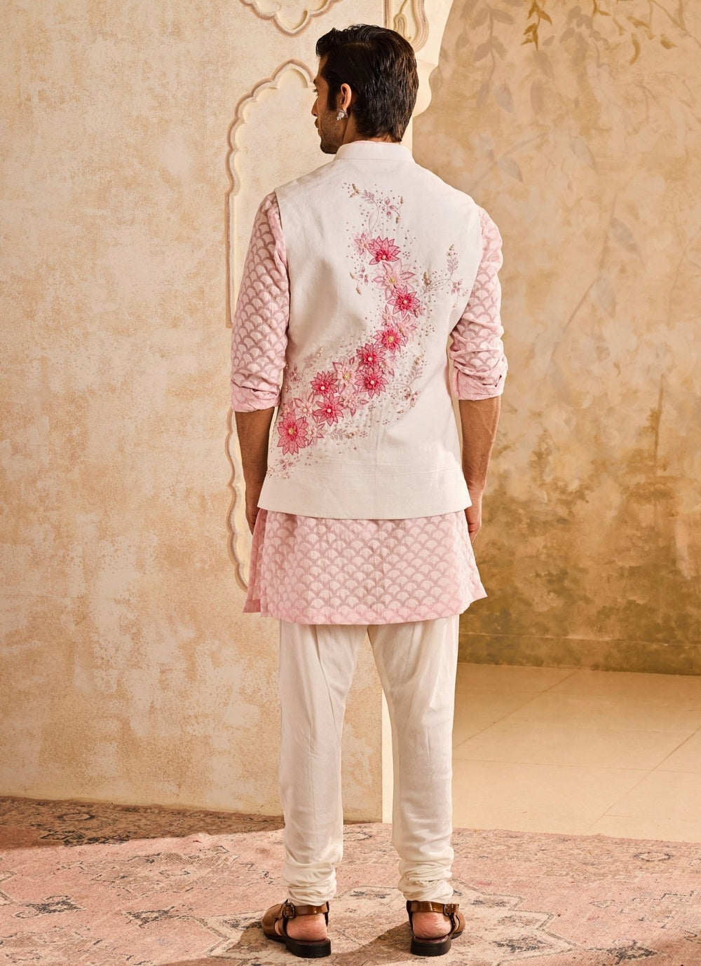 Ivory and Pink Linen Nehru Jacket Set Nitika Gujral - Men - Fabilicious Fashion