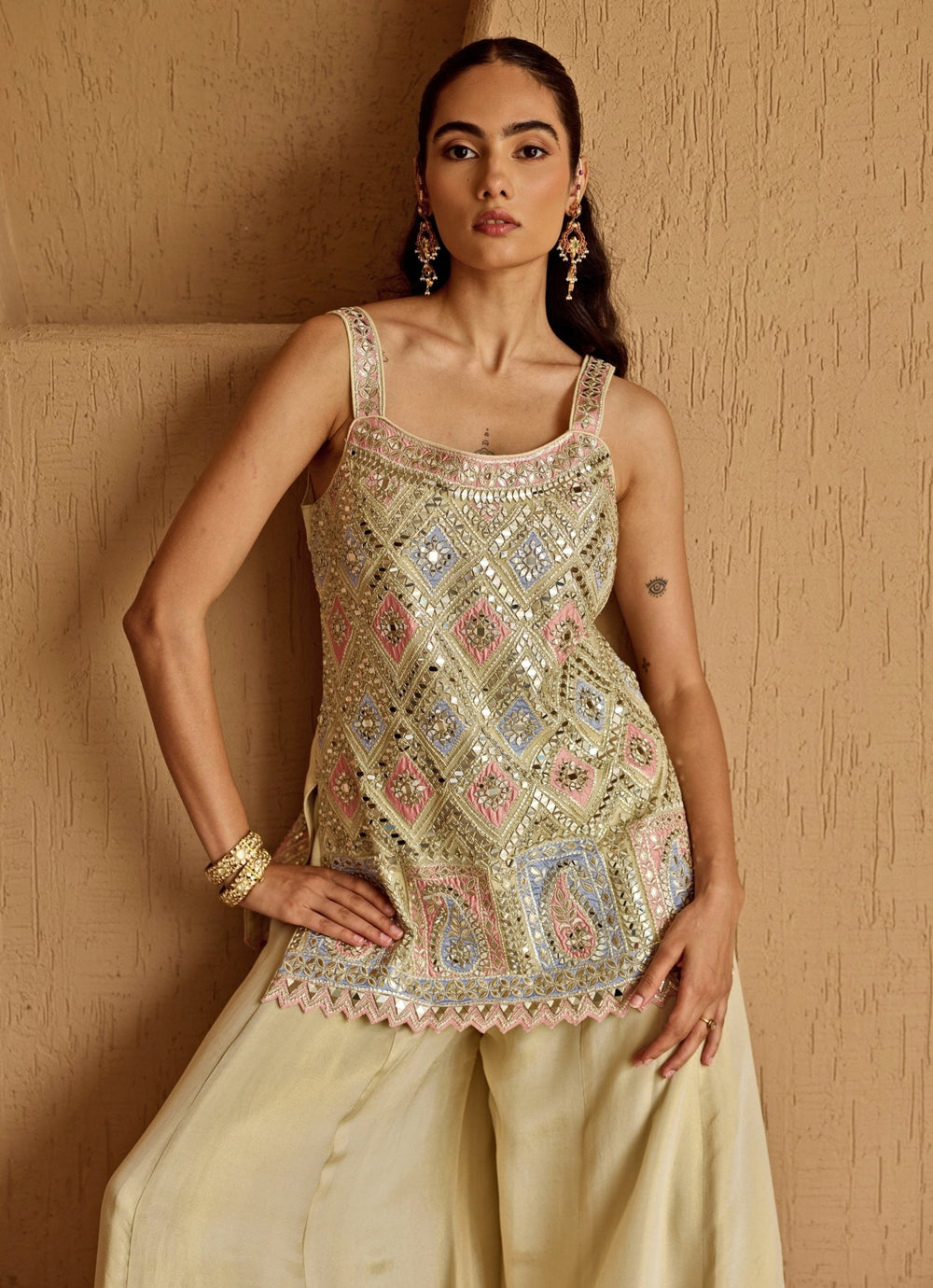 Ivory And Pink Mirror Embroidered Tissue Kurta Sharara Set Suhino - Fabilicious Fashion