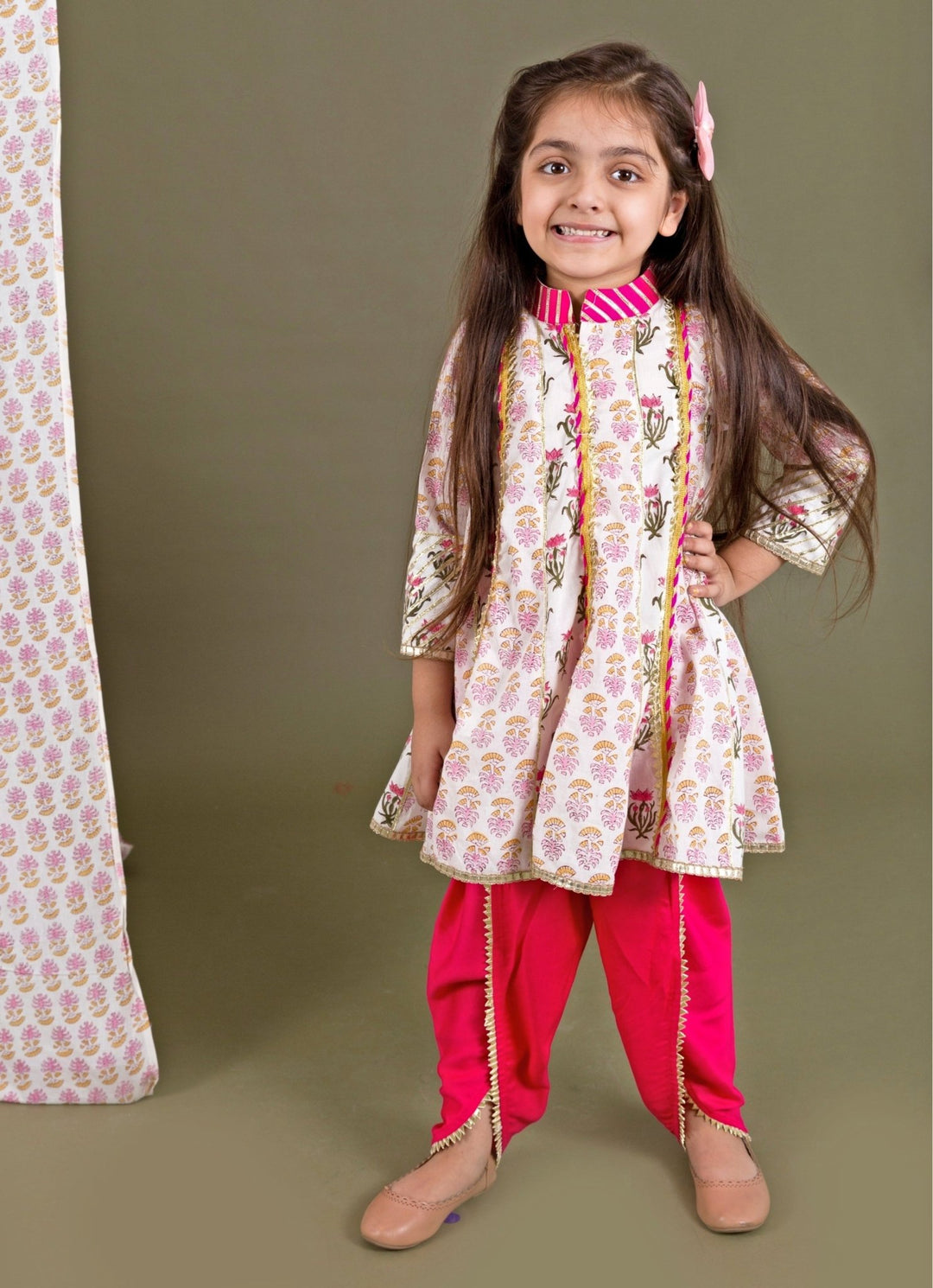 Ivory And Pink Printed Cotton Kurta Dhoti Set Chotibuti - Fabilicious Fashion