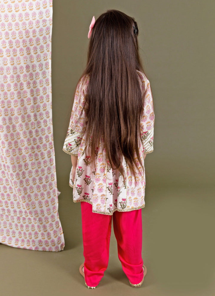 Ivory And Pink Printed Cotton Kurta Dhoti Set Chotibuti - Fabilicious Fashion