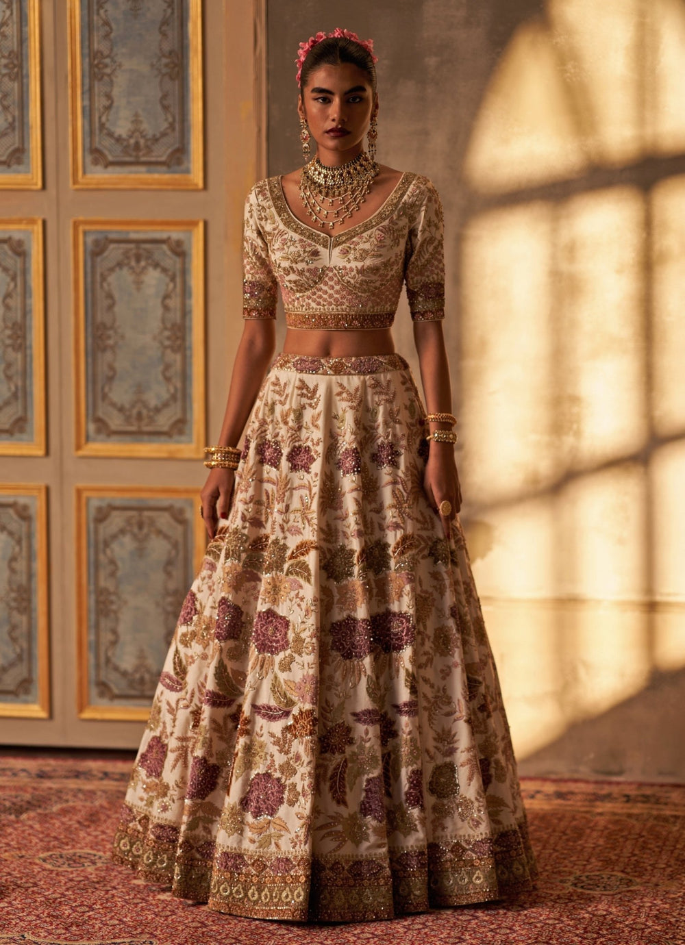 Ivory And Pink Raw Silk Double Dupatta Lehenga Set Angad Singh - Fabilicious Fashion