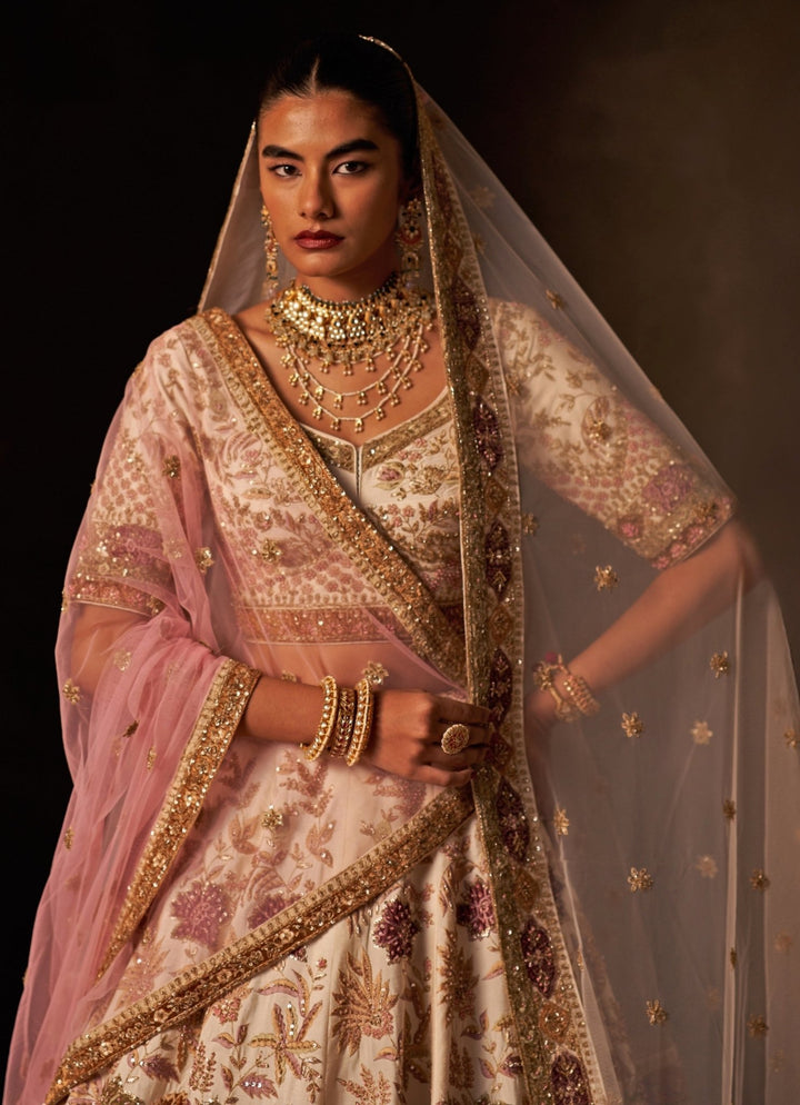 Angad Singh Ivory And Pink Raw Silk Double Dupatta Lehenga SetFabilicious Fashion