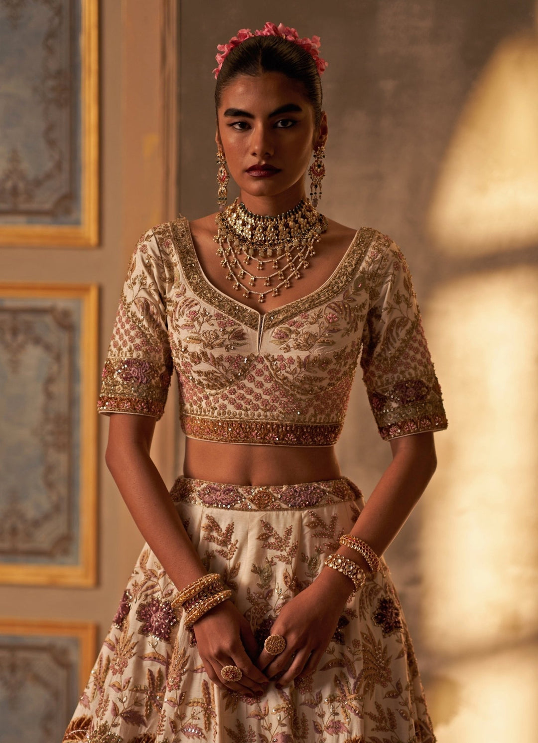 Angad Singh Ivory And Pink Raw Silk Double Dupatta Lehenga SetFabilicious Fashion